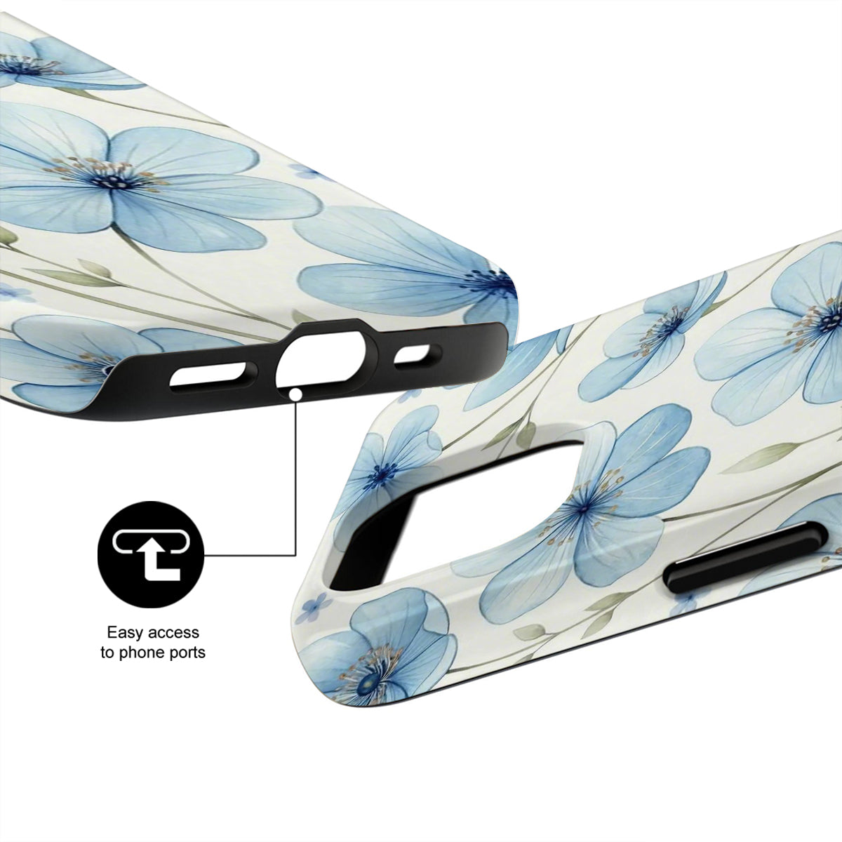 Phone case with blue floral design and ports indicated on a white background