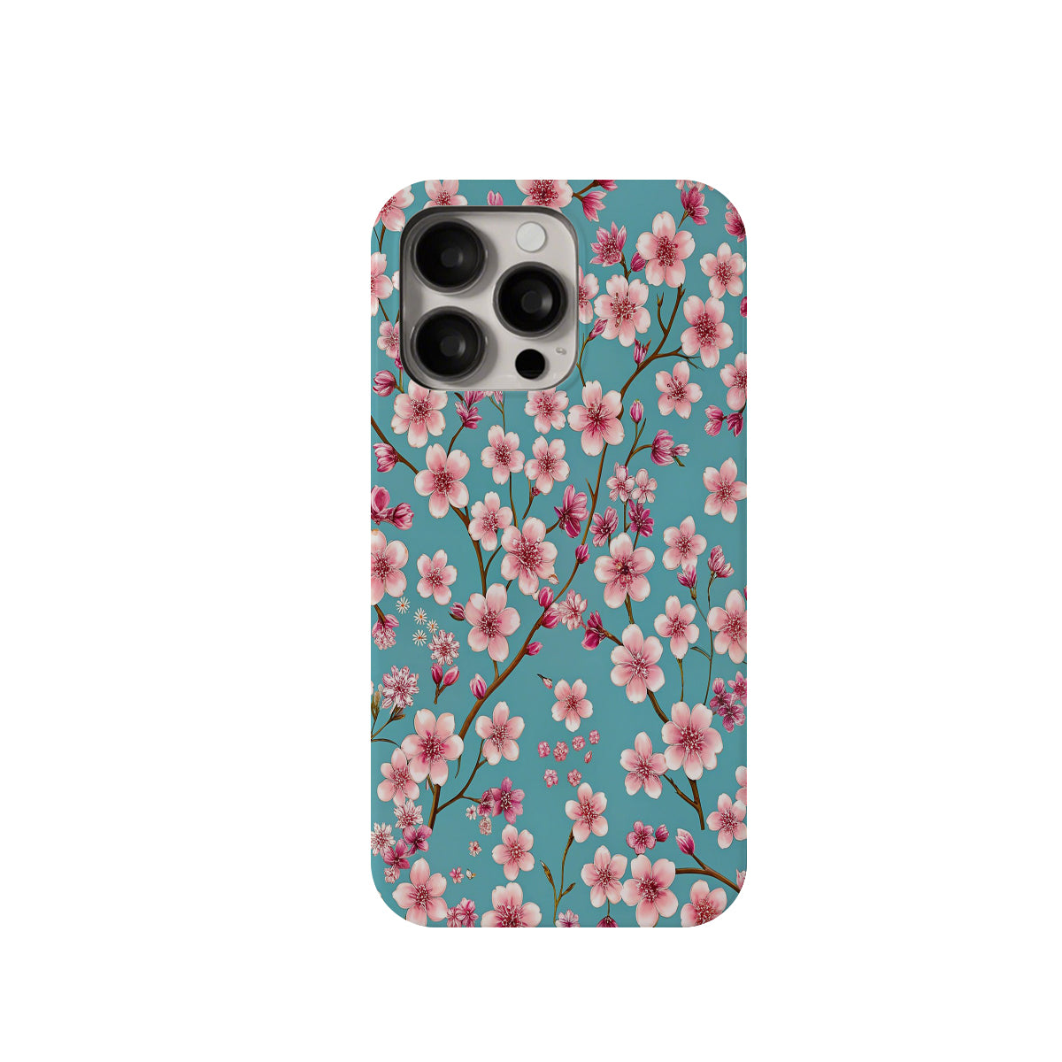 Phone case with cherry blossom design on a blue background
