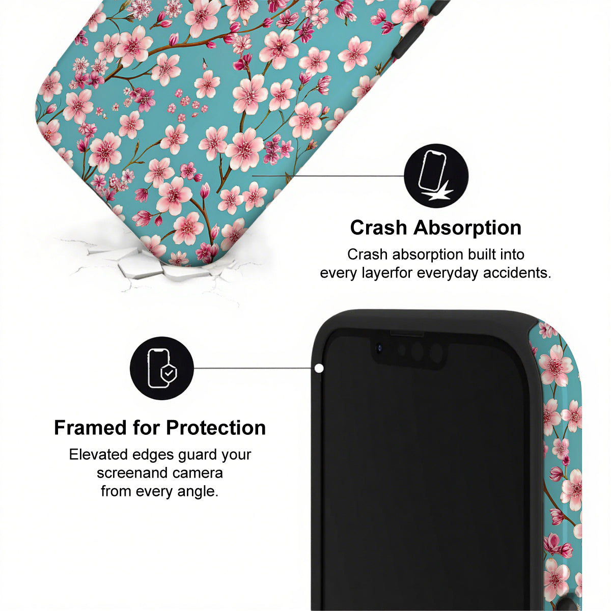 Phone case with cherry blossom design and text about crash absorption and protection.