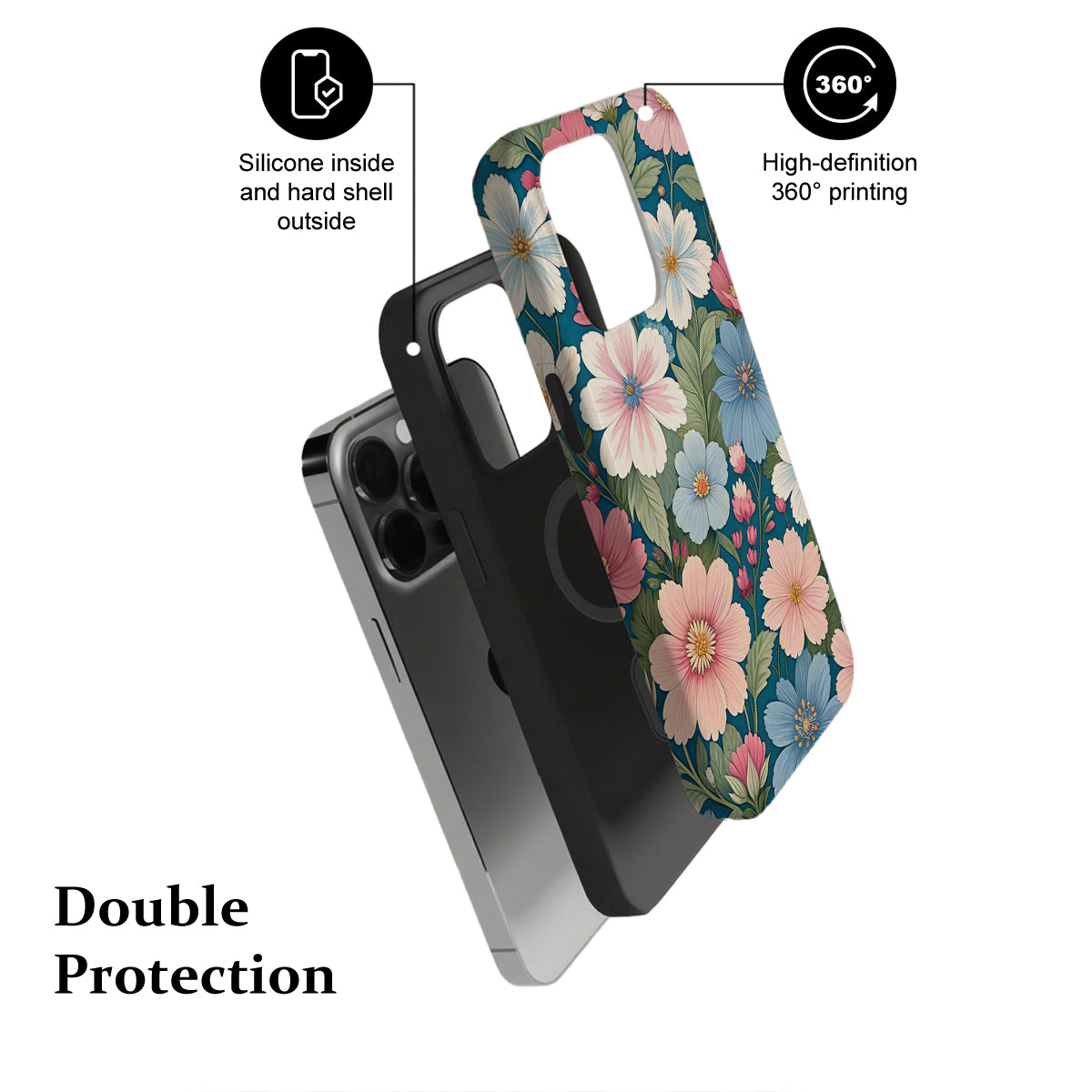 Floral phone case with black hard shell and silicone interior, labeled features on a white background.