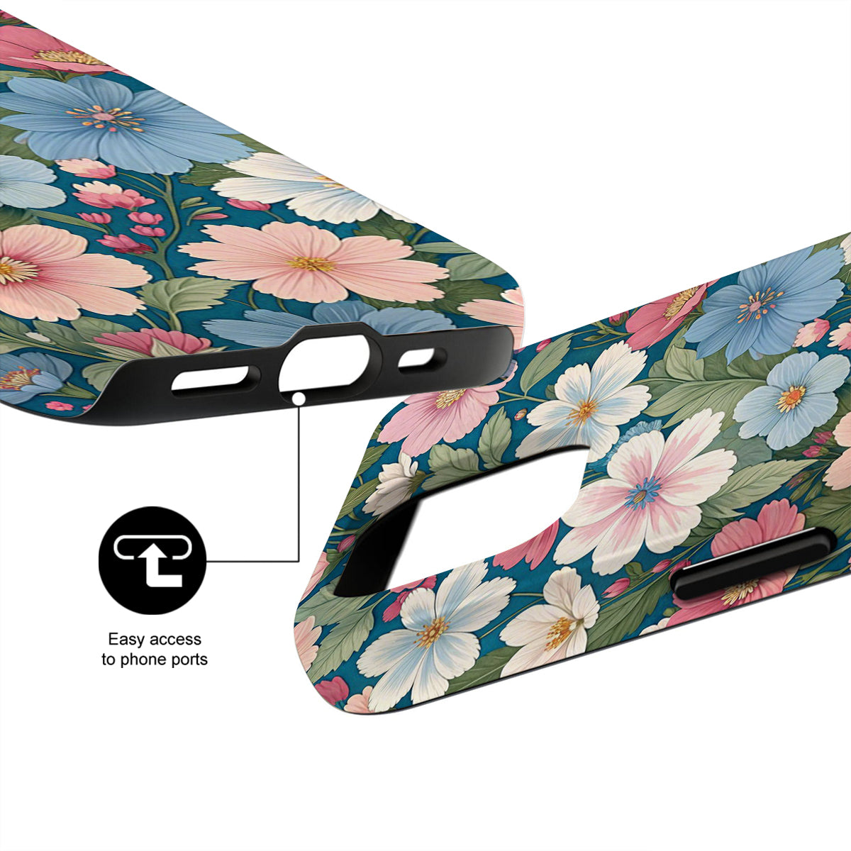Floral phone case with ports easily accessible design on a white background