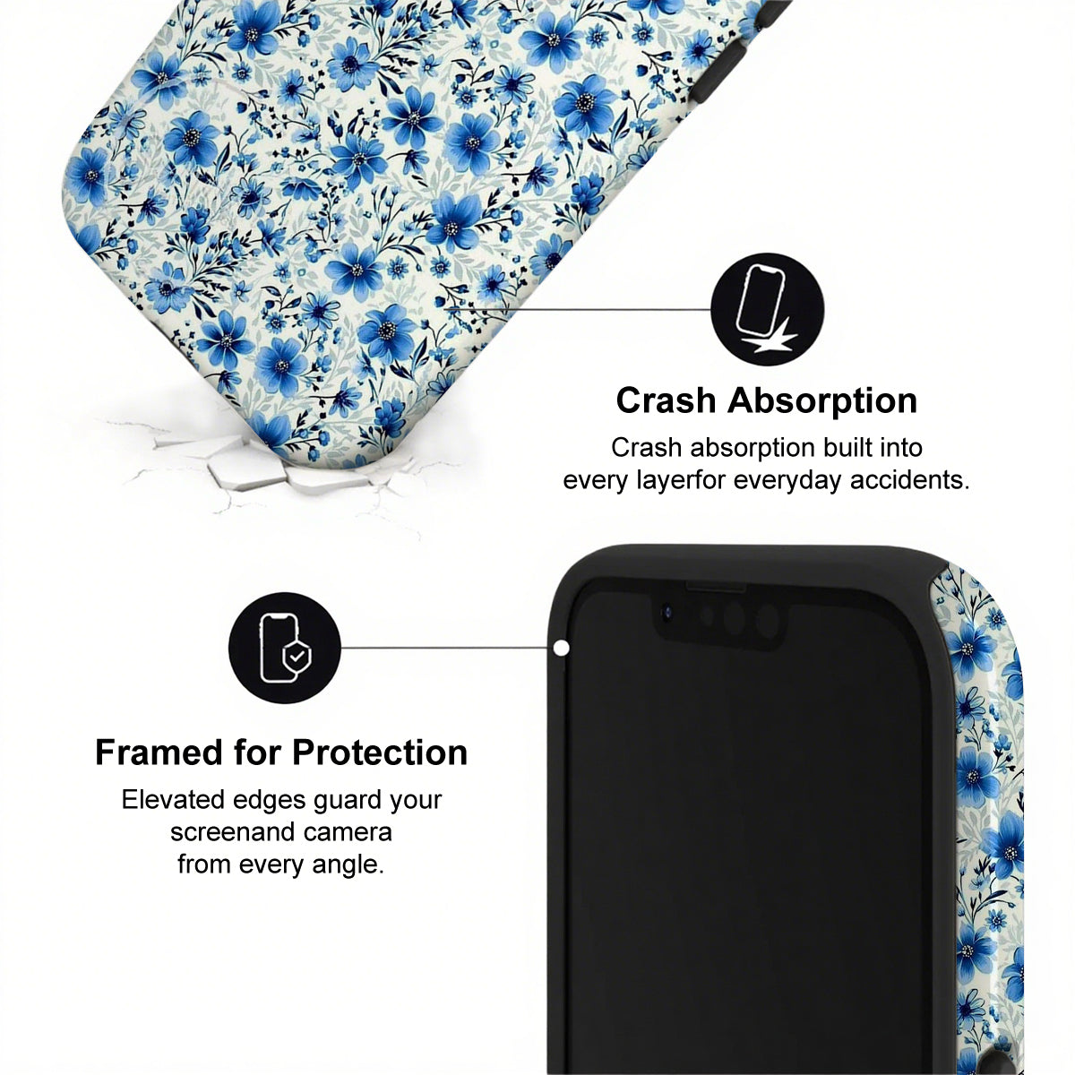 Phone case with blue floral design and text highlighting crash absorption and protection features.