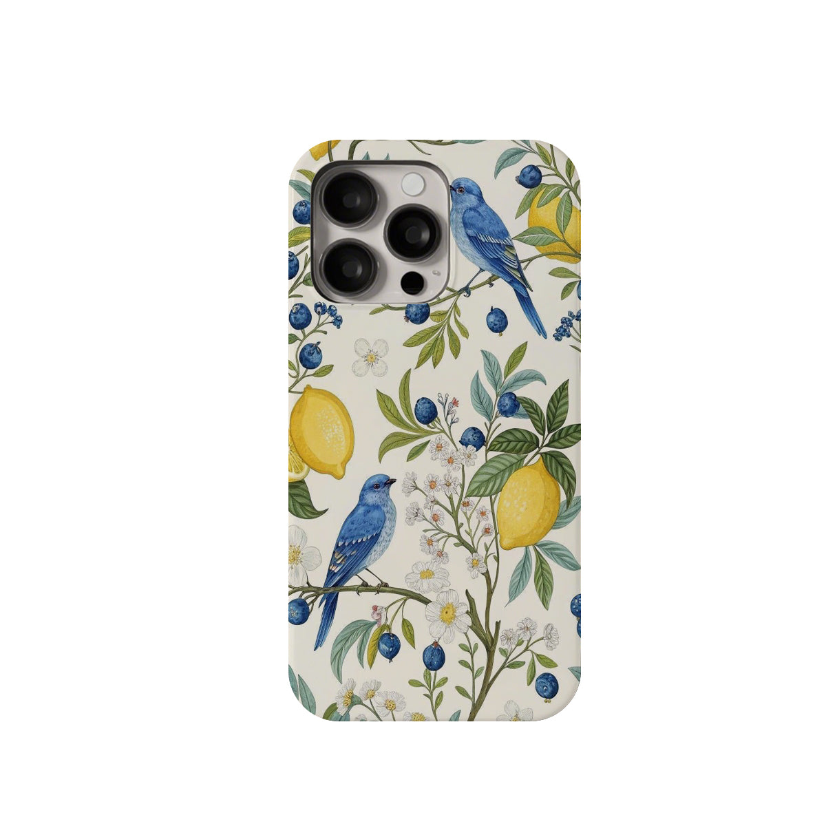 Phone case with blue birds and lemon design on a white background
