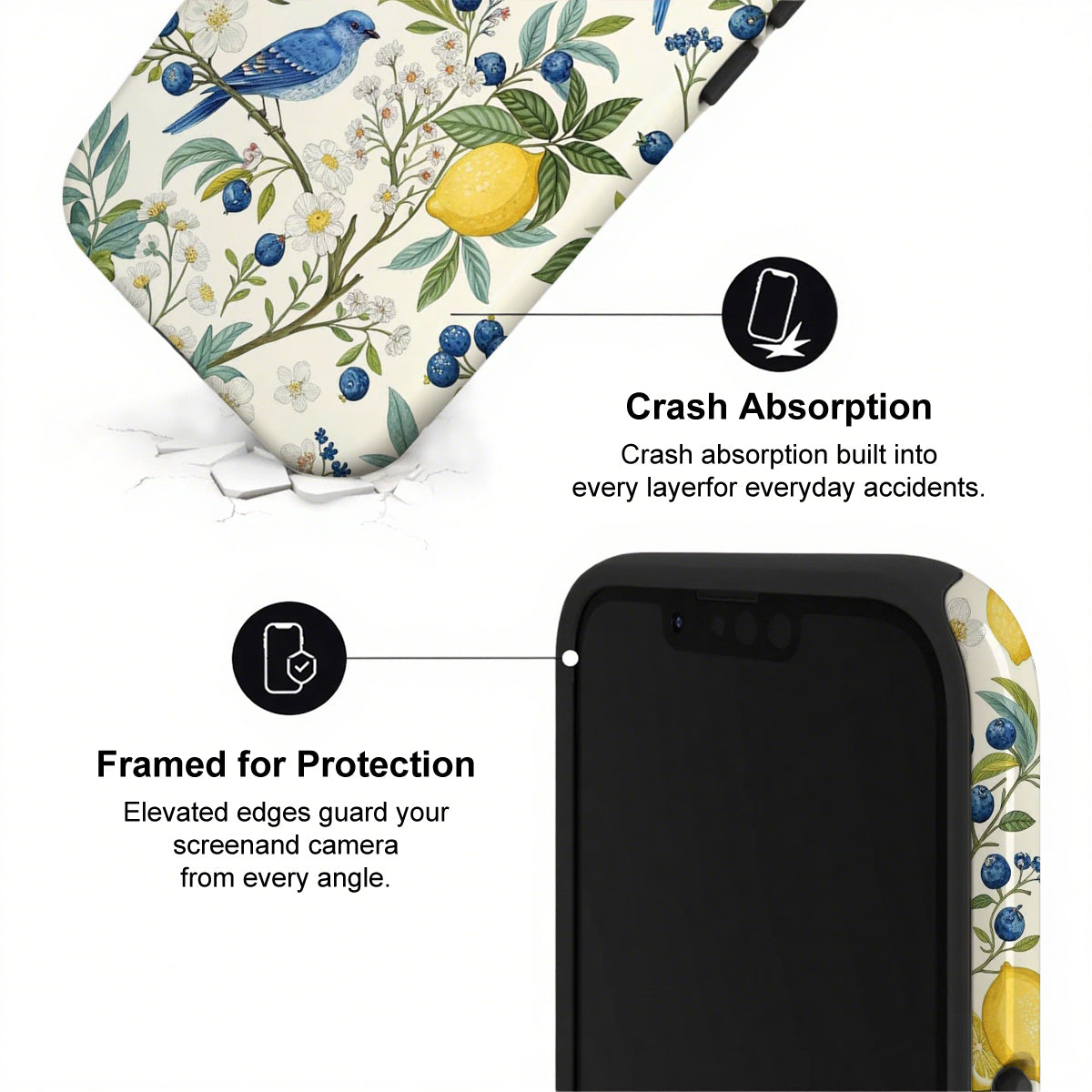 Phone case with floral design and text highlighting crash absorption and protection features.