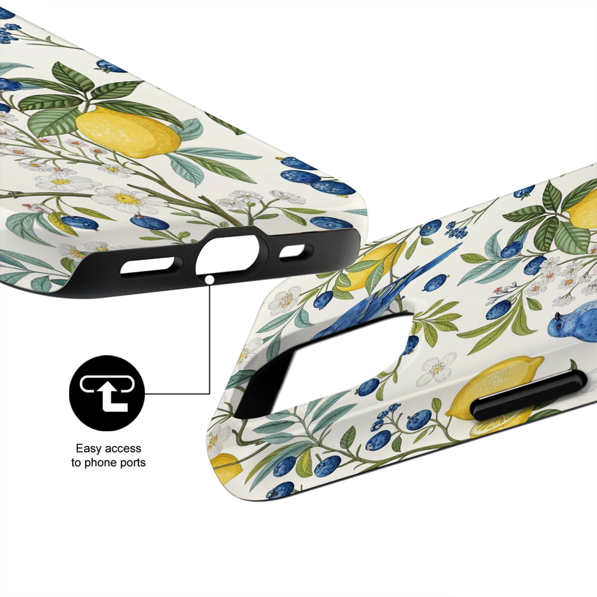 Phone case with floral design featuring lemons and blueberries on a white background