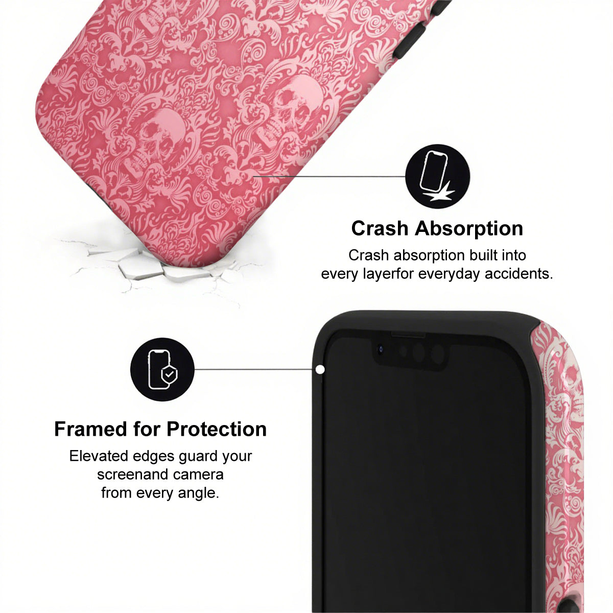 Phone case with pink skull pattern and text highlighting crash absorption and protection features.