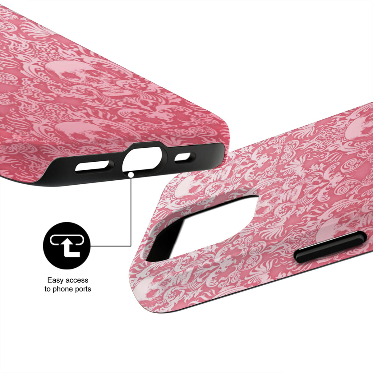 Pink phone case with white floral pattern and text 'Easy access to phone ports' on a white background