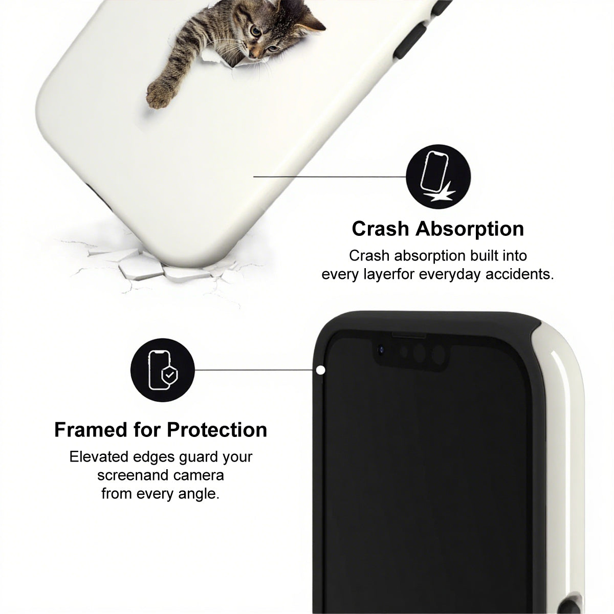 Phone case with crash absorption and protection features, featuring a cat on a white background.