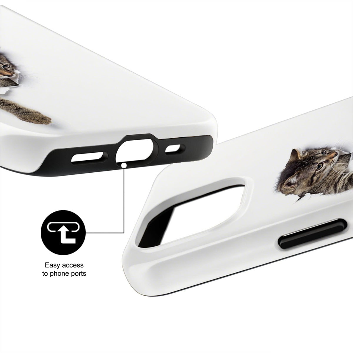 Phone case with a cat design and text indicating easy access to phone ports on a white background.