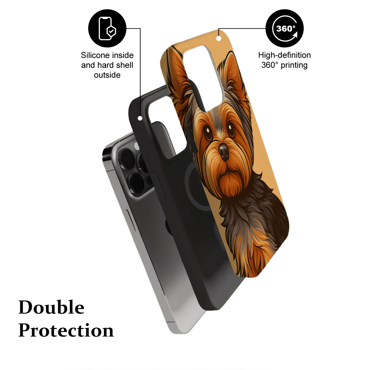 Phone case with dog illustration and text highlighting features on a white background