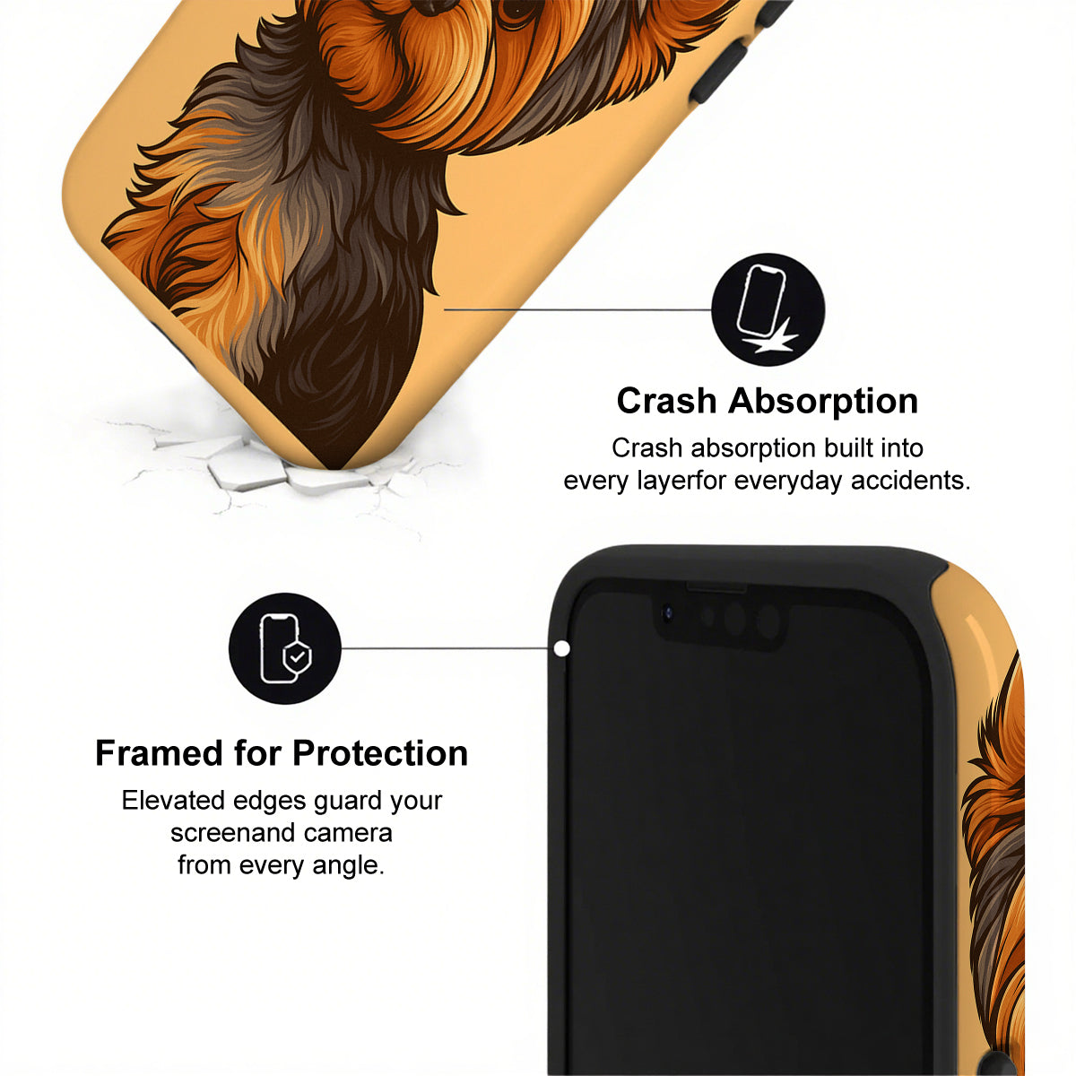 Phone case with horse design and text about crash absorption and protection
