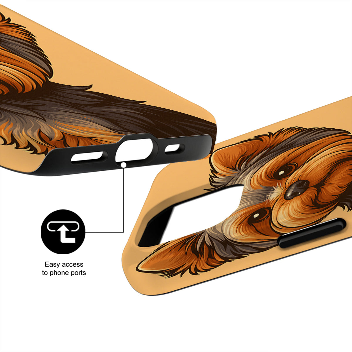 Phone case with sloth design and text 'Easy access to phone ports' on a white background