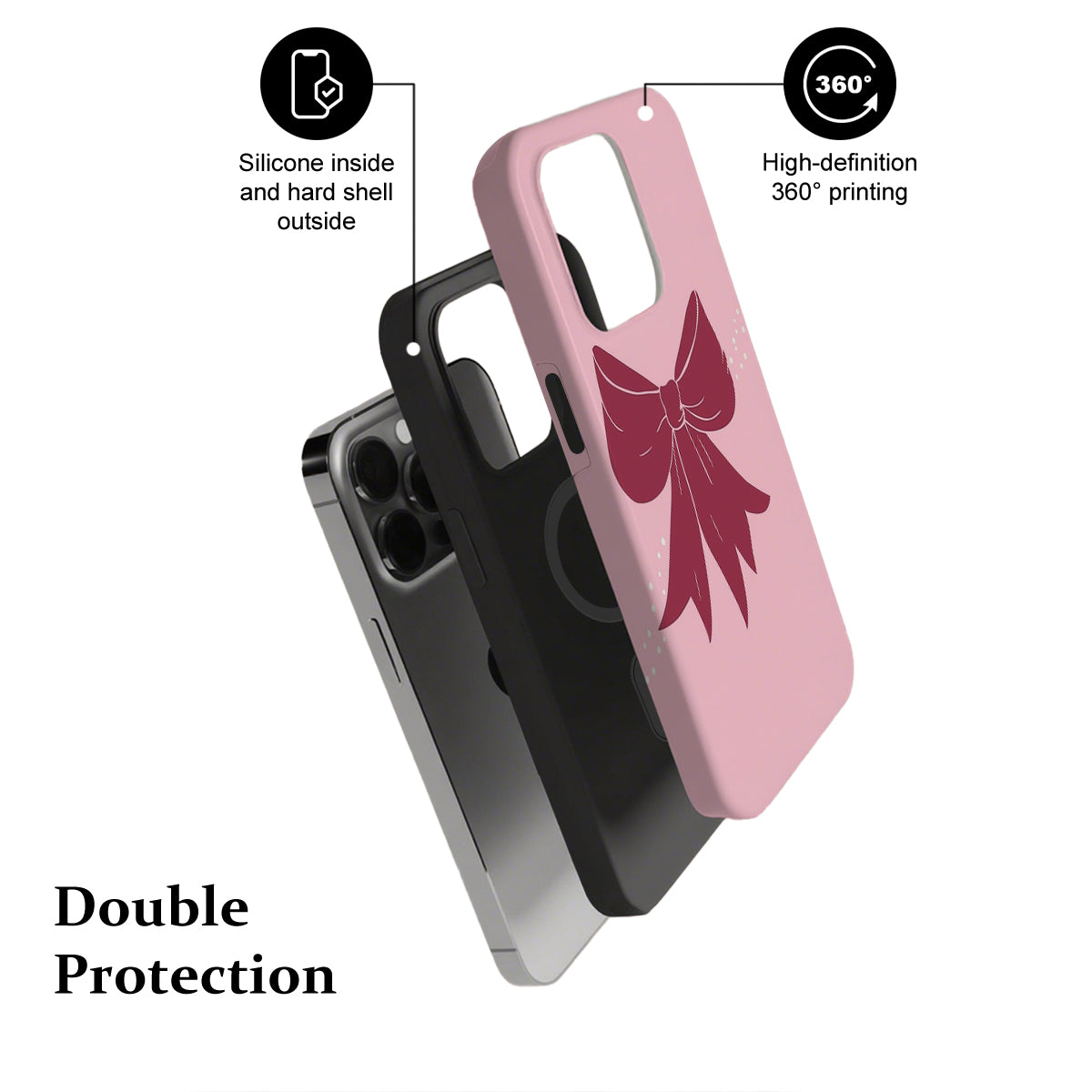 Phone case with pink design featuring a bow, labeled 'Double Protection' on a white background.