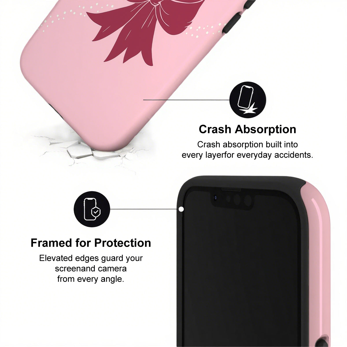 Phone case with pink floral design and text highlighting crash absorption and protection features.