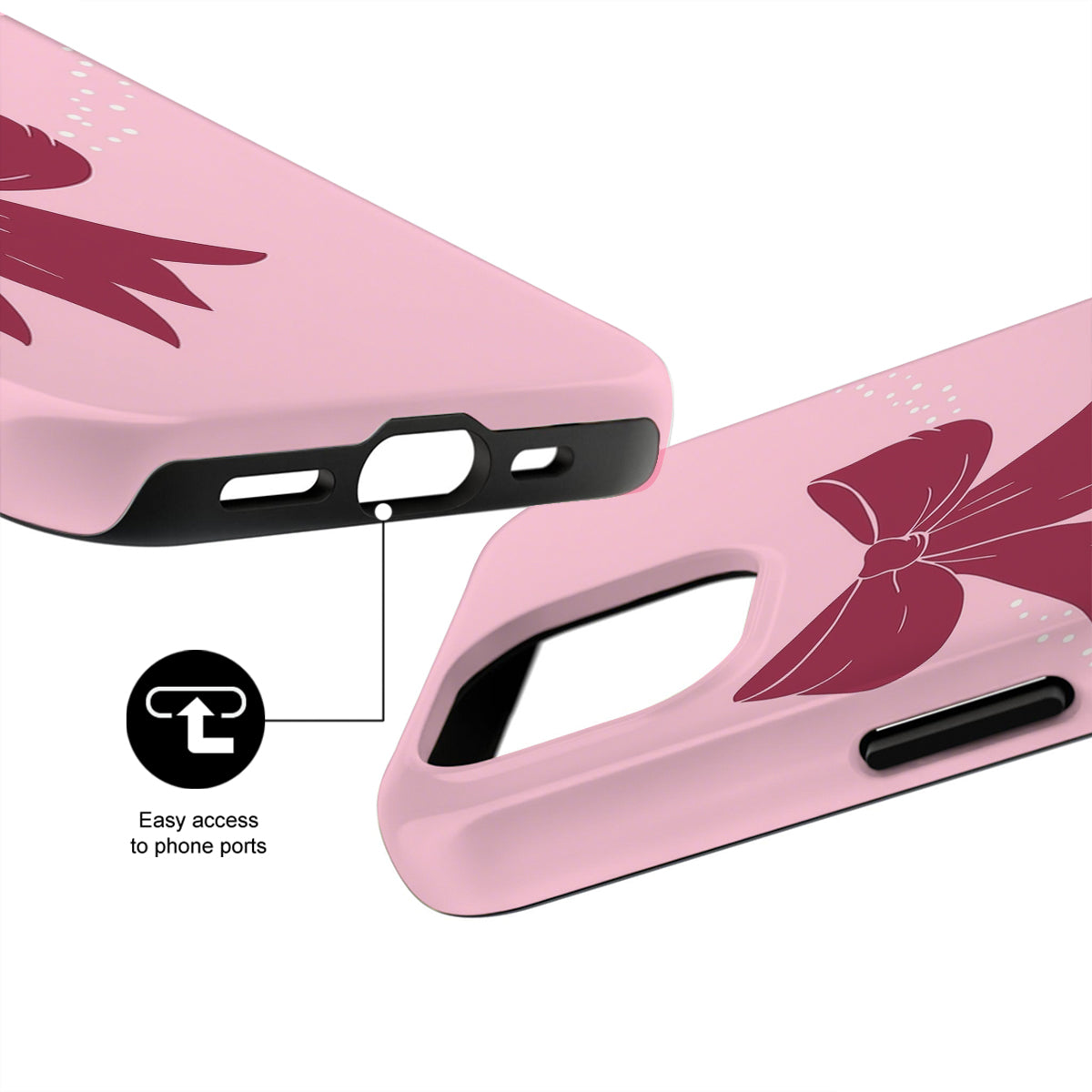 Pink phone case with butterfly design and easy access to phone ports feature.