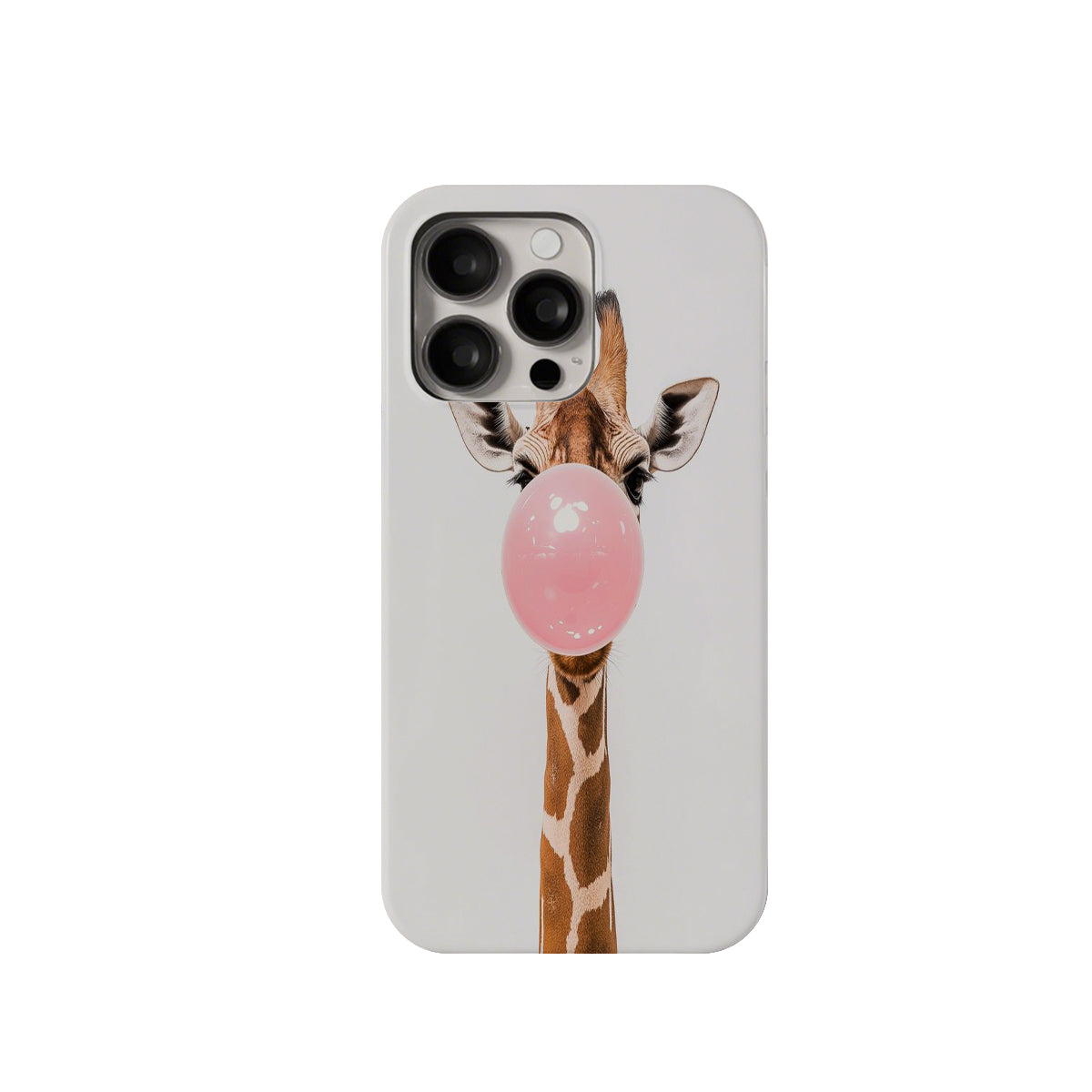 Phone case with a giraffe design blowing a pink bubble on a white background