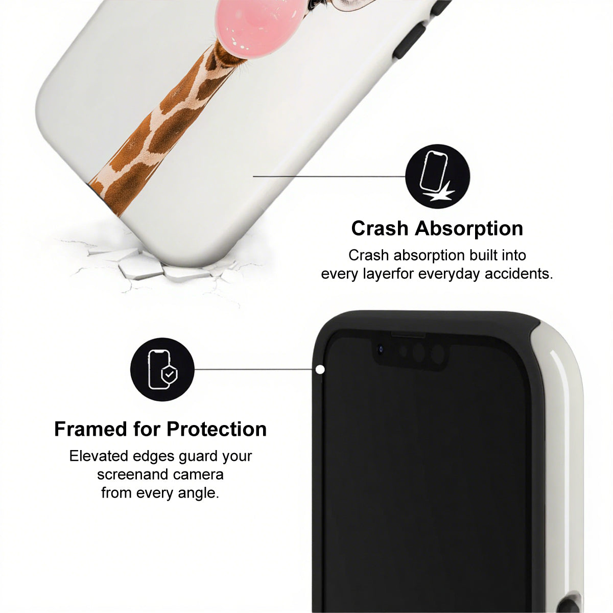 Phone case with crash absorption and protection features on a white background