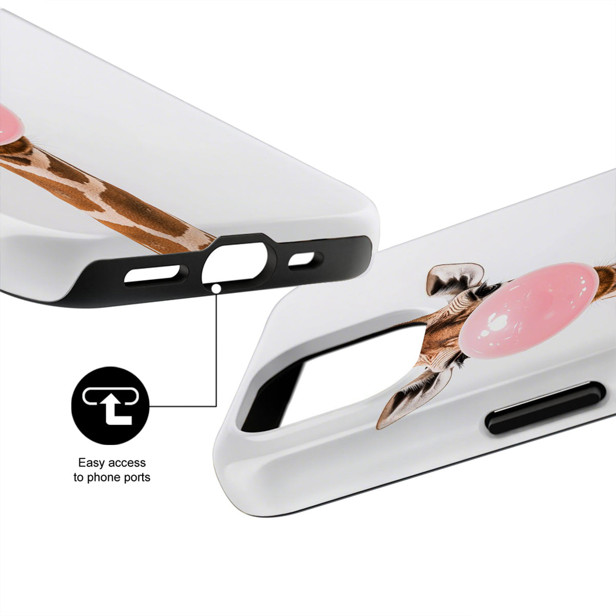 Phone case with design and text indicating easy access to phone ports