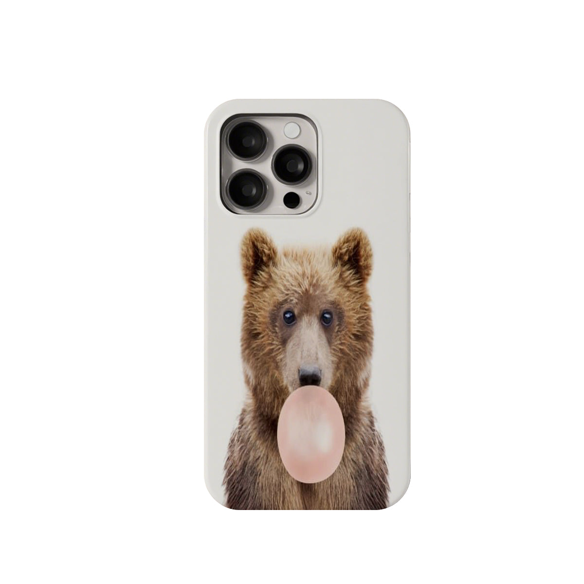 Phone case with a bear blowing a bubble gum bubble design on a white background