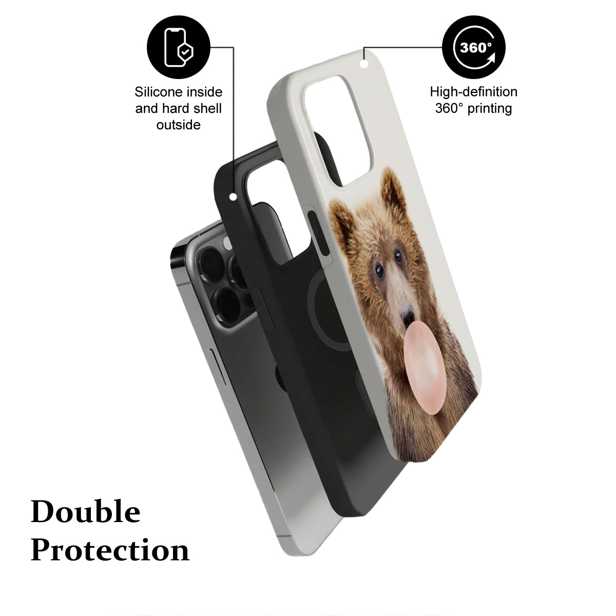 Phone case with bear design and text highlighting features on a white background