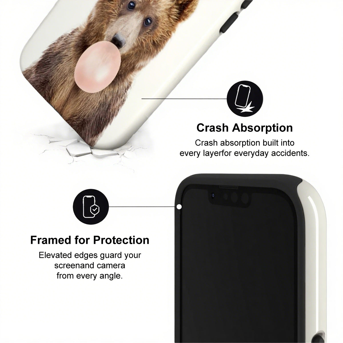 Phone case with bear design and text highlighting crash absorption and protection features.