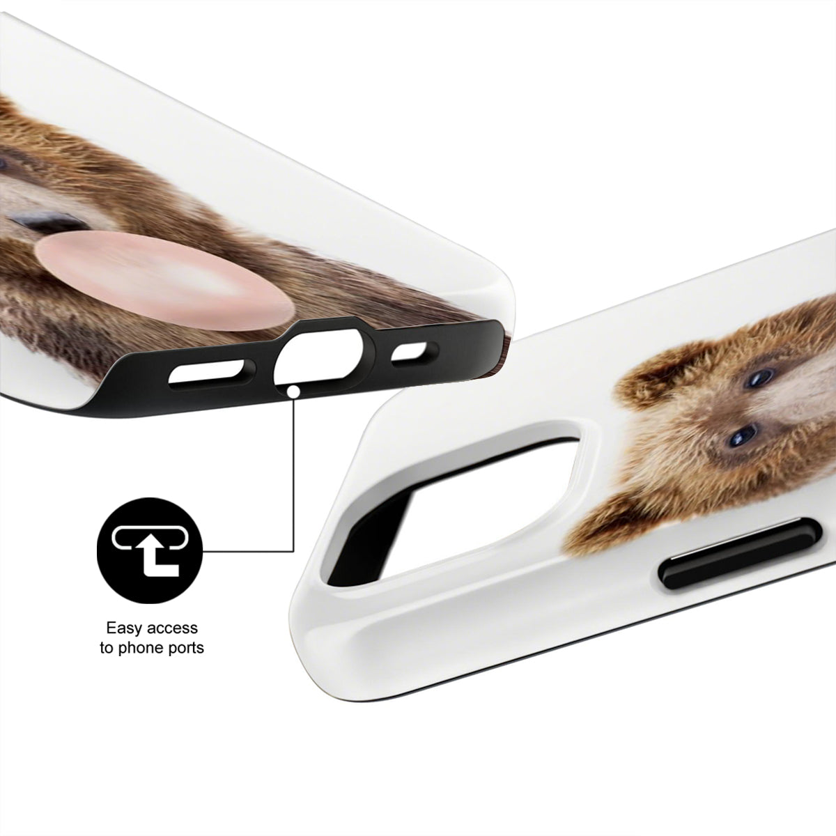 Phone case with sloth design and text 'Easy access to phone ports' on a white background