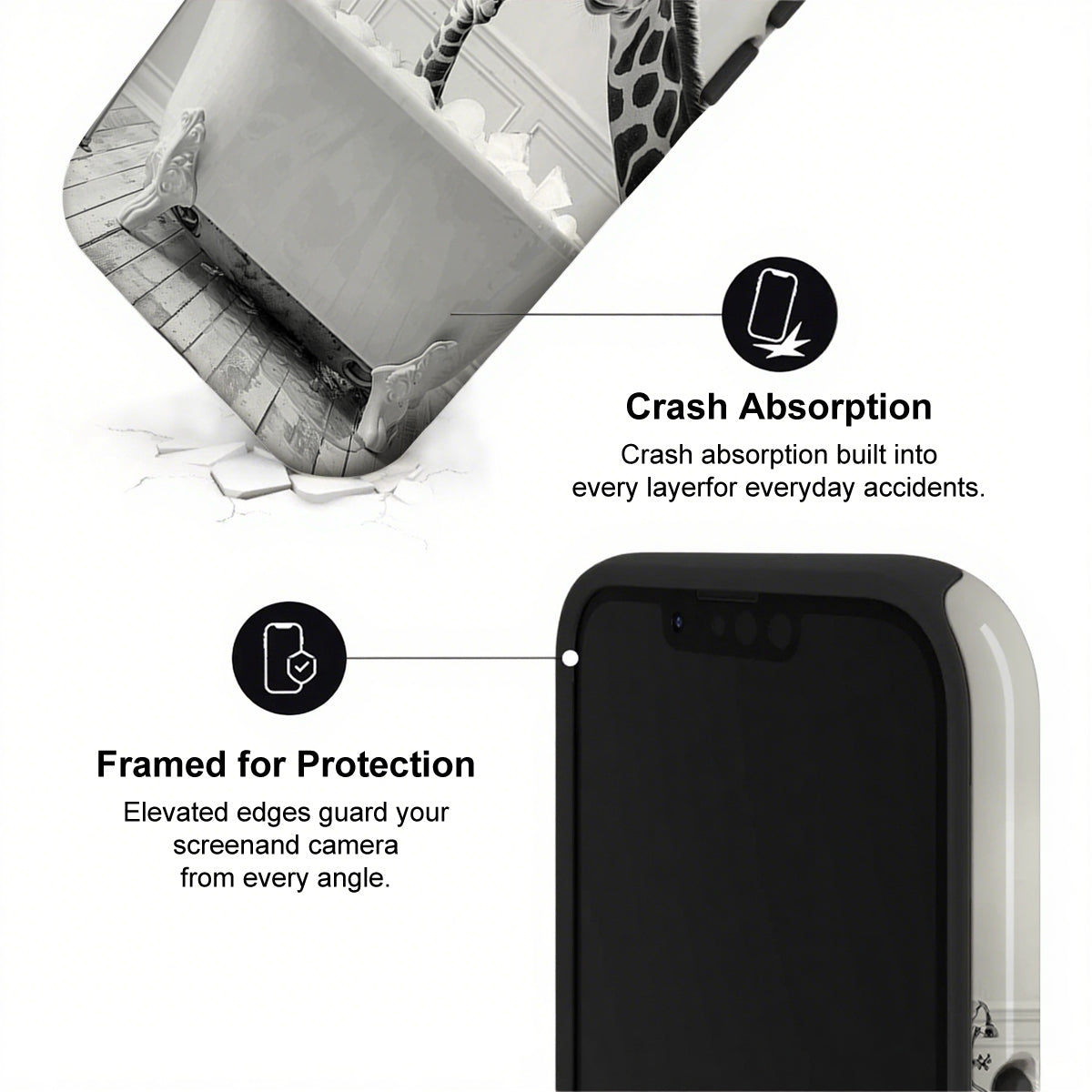 Phone case with crash absorption and protection features on a white background