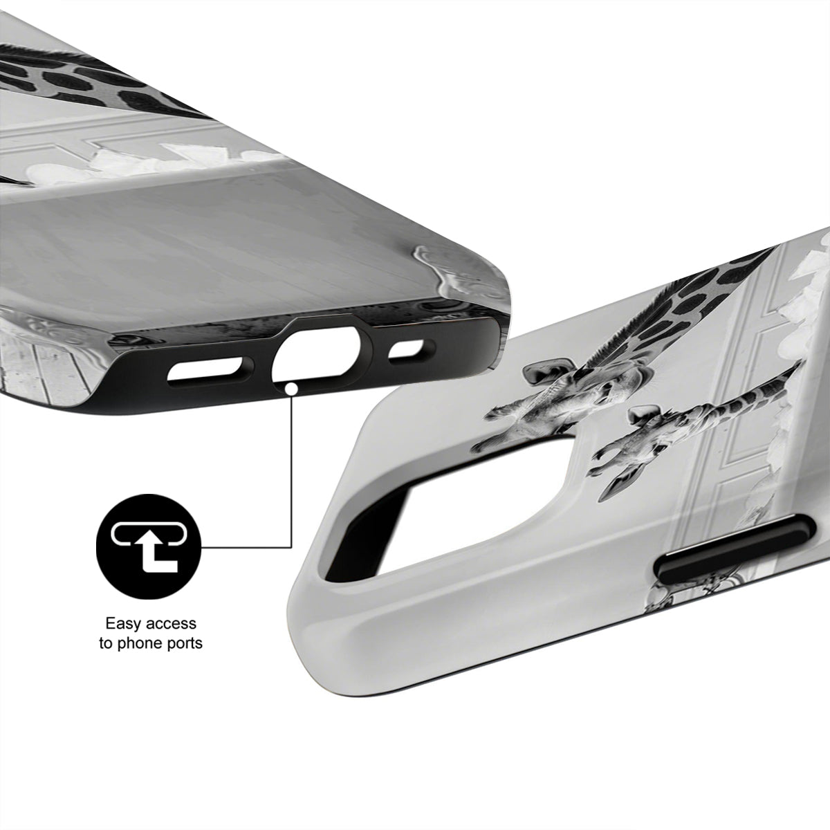 Phone case with clear design and text indicating easy access to phone ports