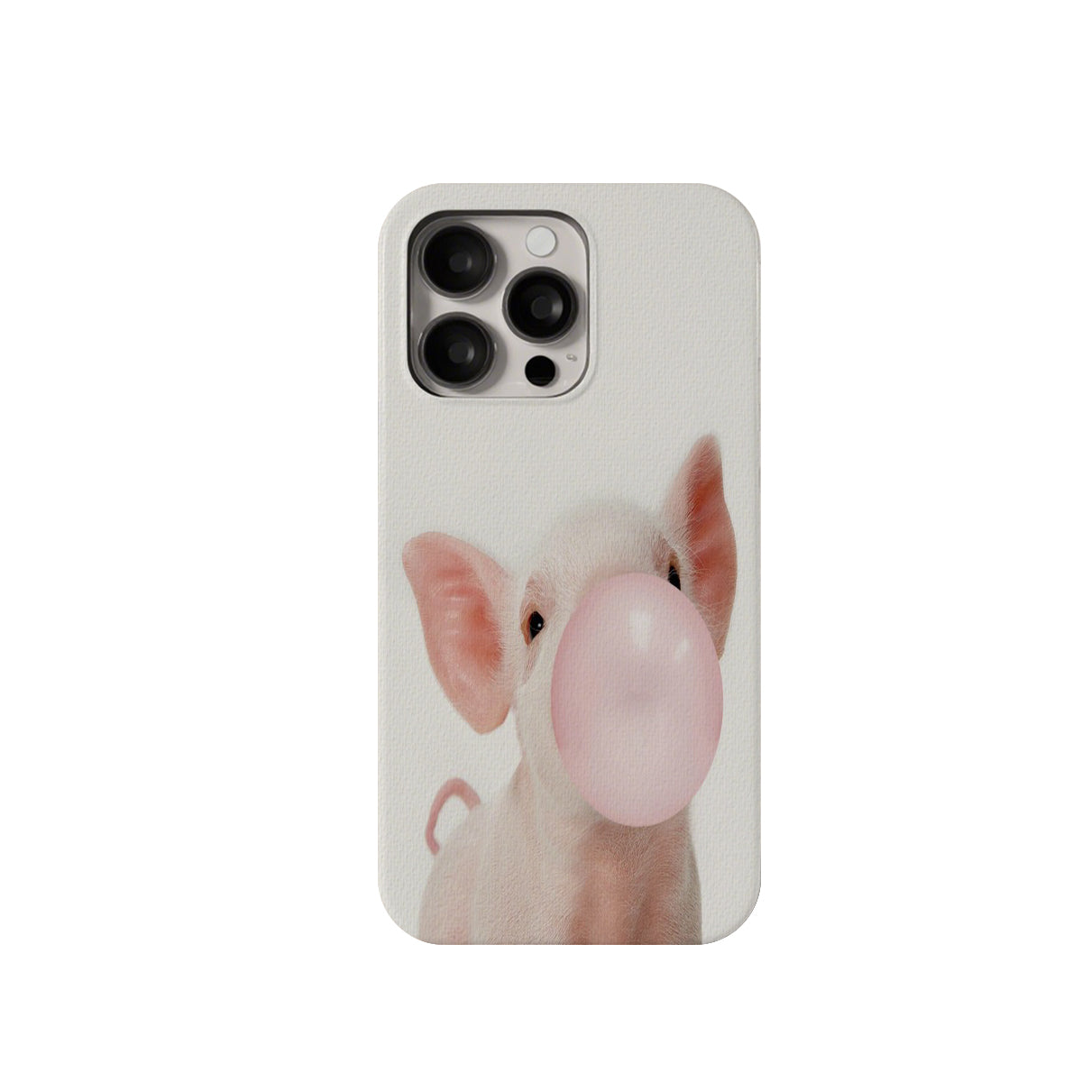 Phone case with a pig design blowing a bubble on a white background