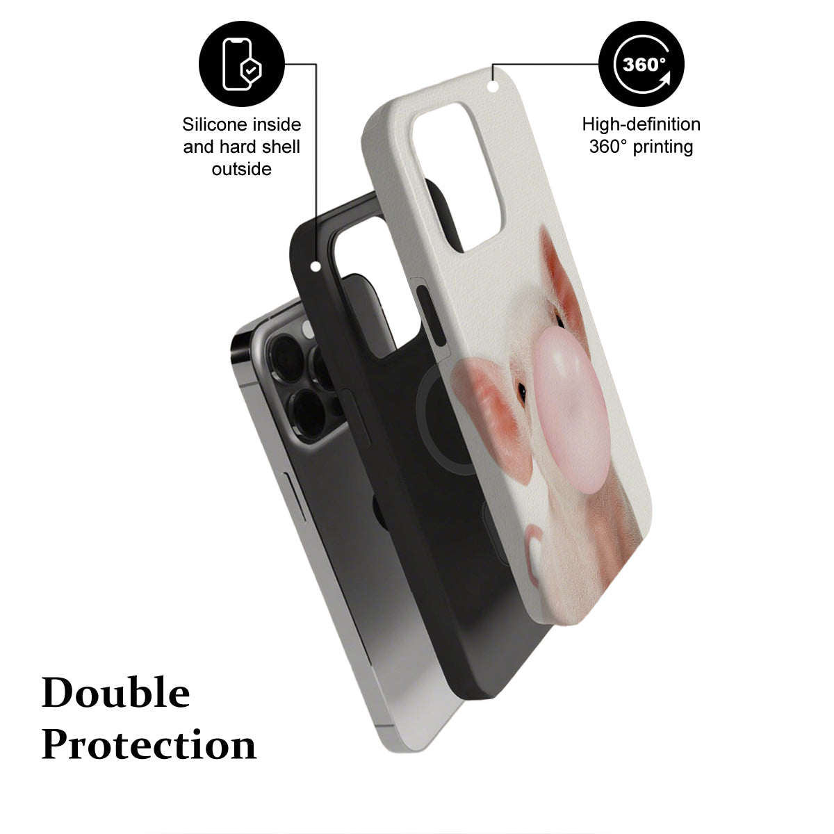 Phone case with text indicating double protection features on a white background