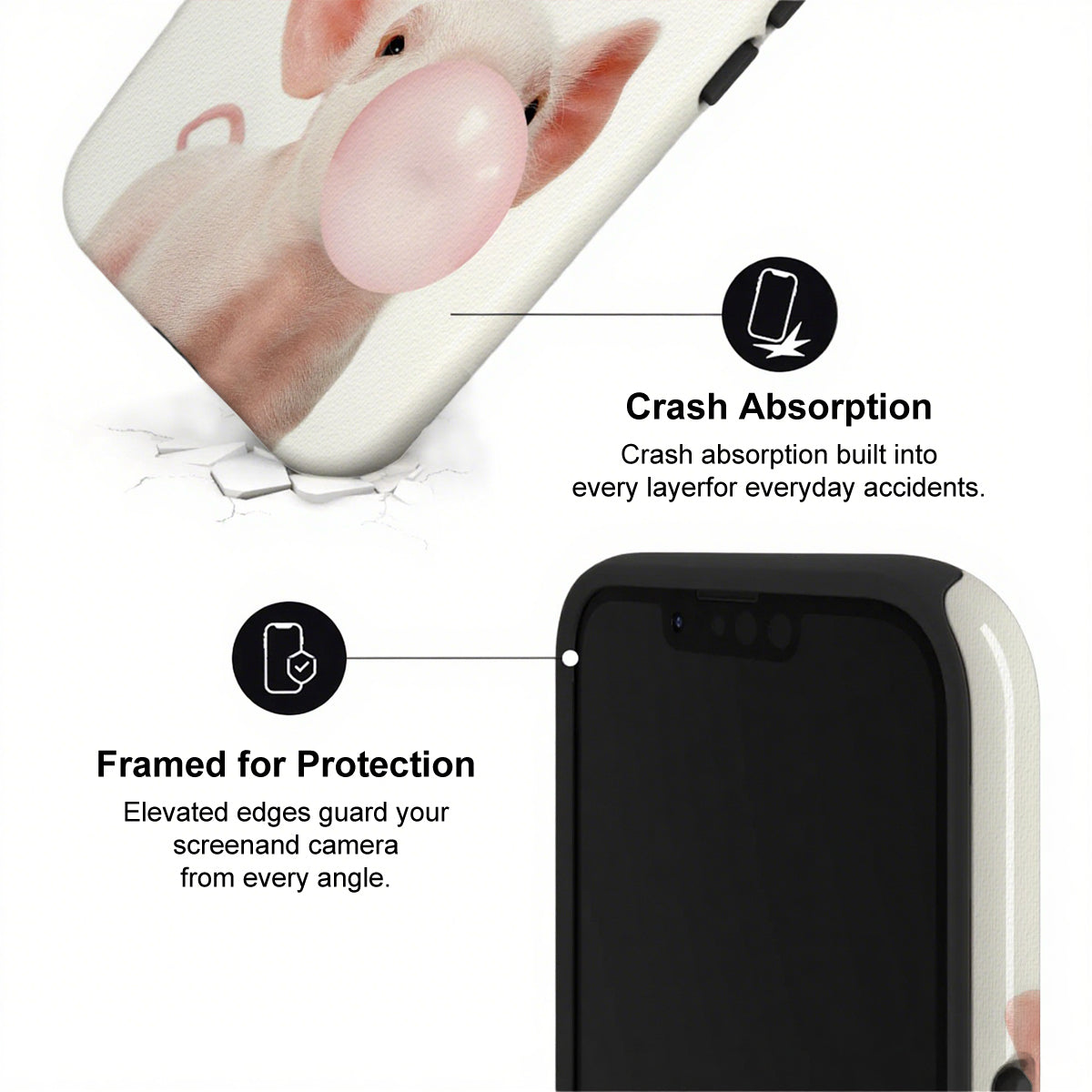 Phone case with crash absorption and protection features on a white background