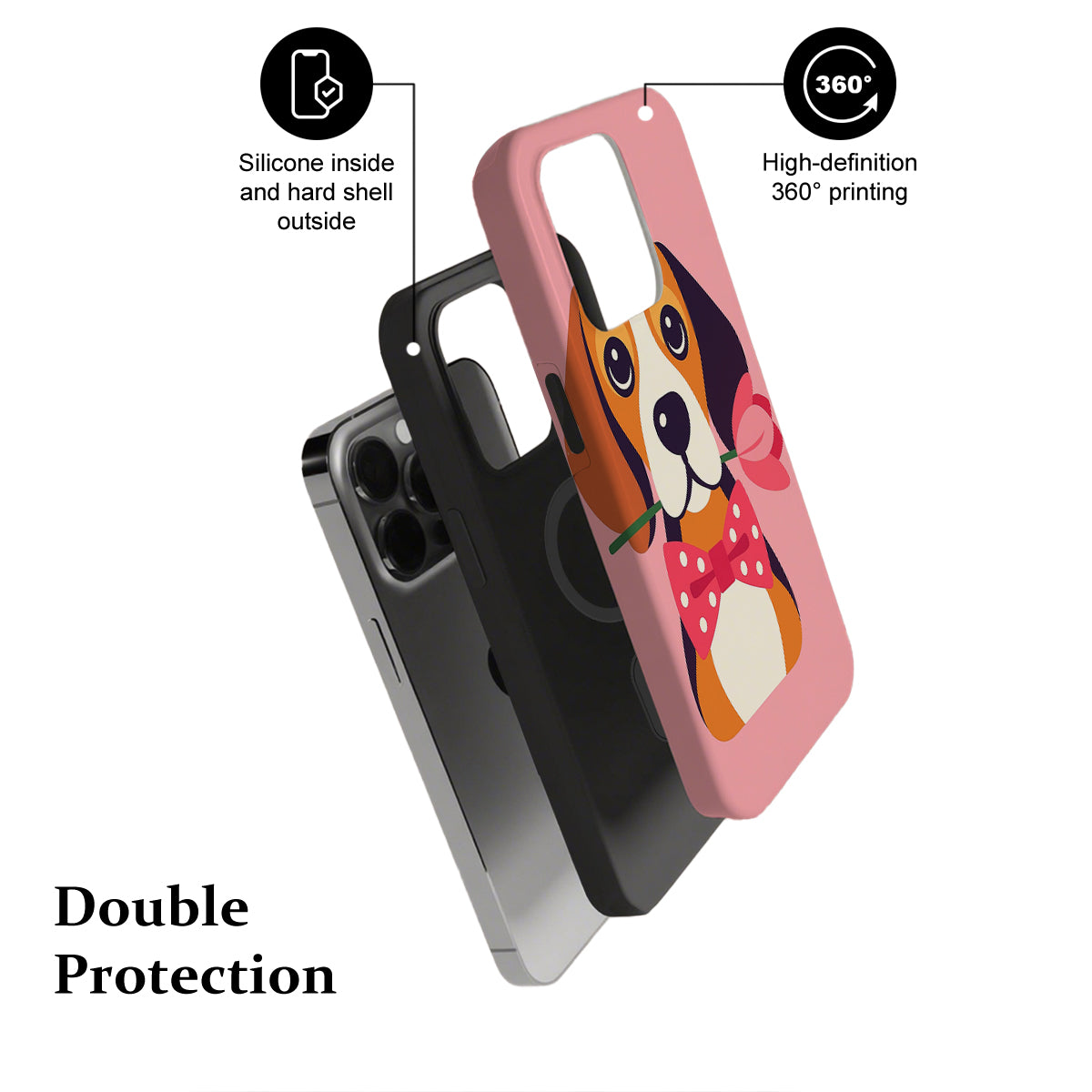 Phone case with dog illustration and text highlighting features on a white background