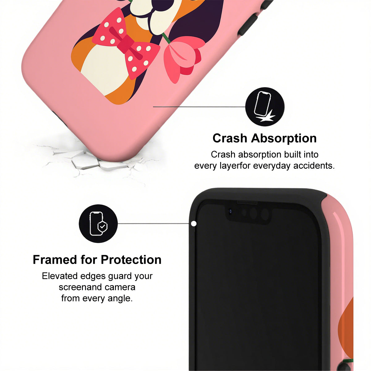 Phone case with cartoon character design and text highlighting crash absorption and protection features.
