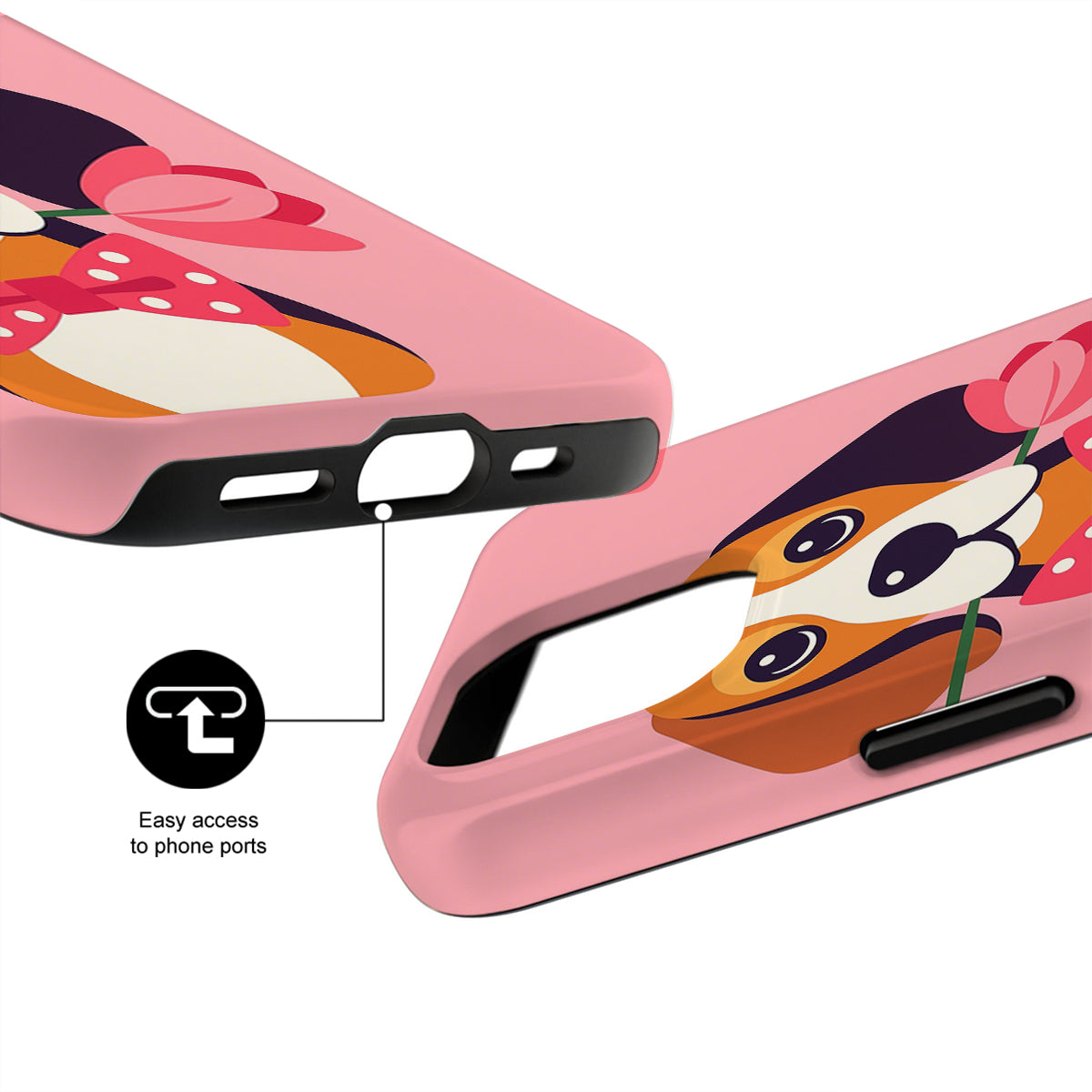 Pink phone case with cartoon design and text 'Easy access to phone ports' on a white background