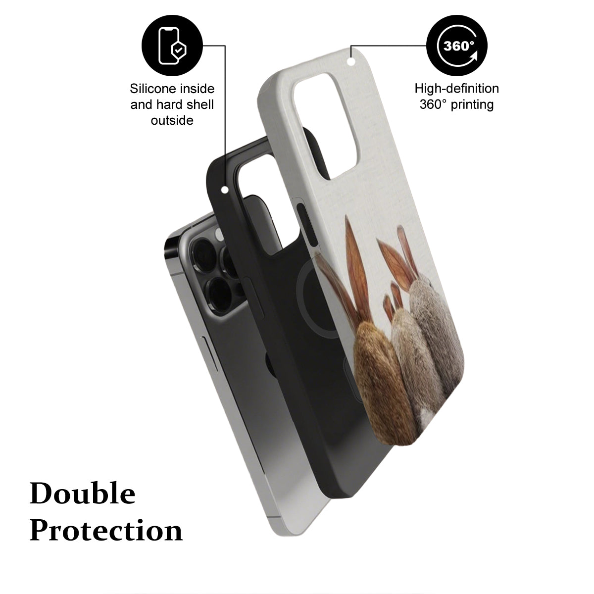 Phone case with rabbit design, highlighting features on a white background