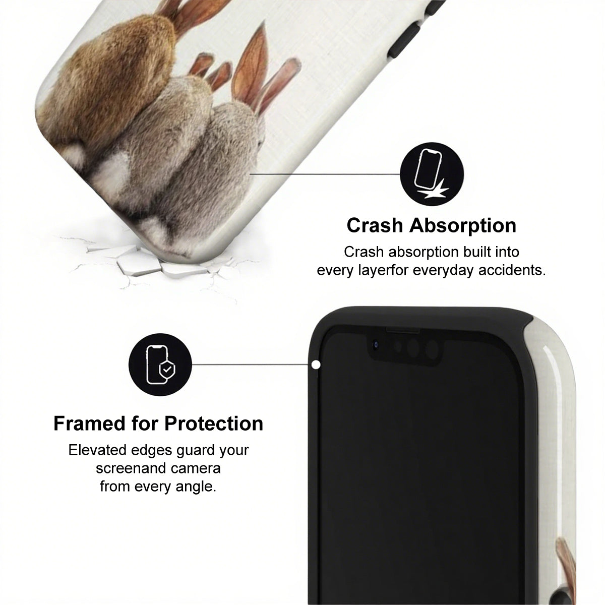 Phone case with text highlighting crash absorption and protection features on a white background
