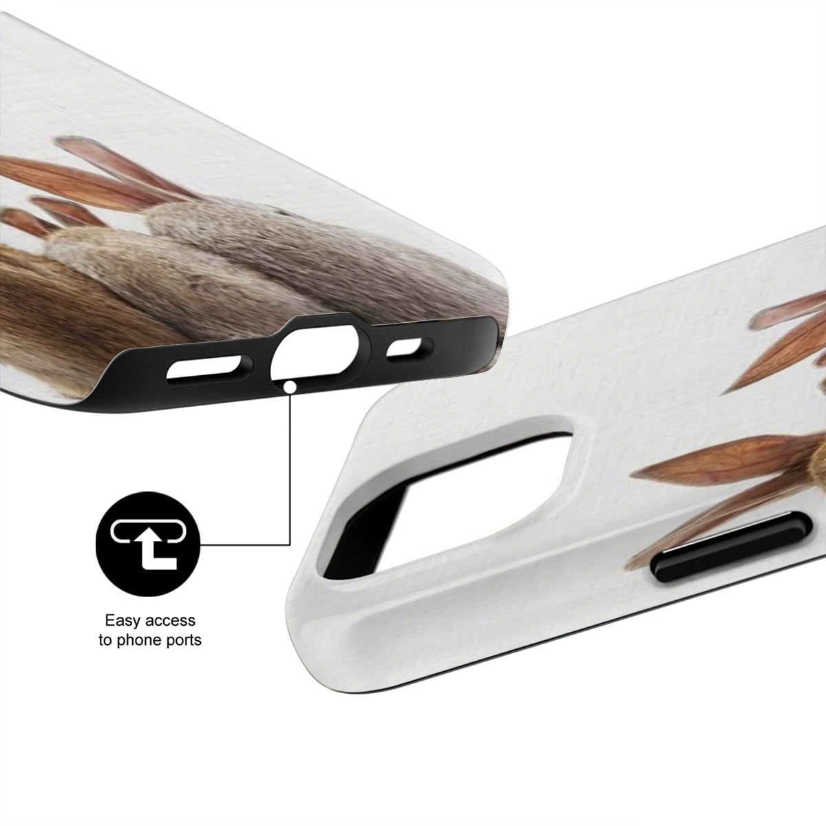 Phone case with floral design and text 'Easy access to phone ports' on a white background