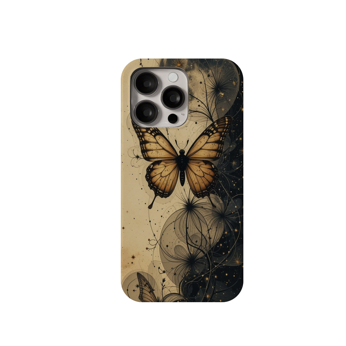 Phone case with butterfly design on a beige and black background