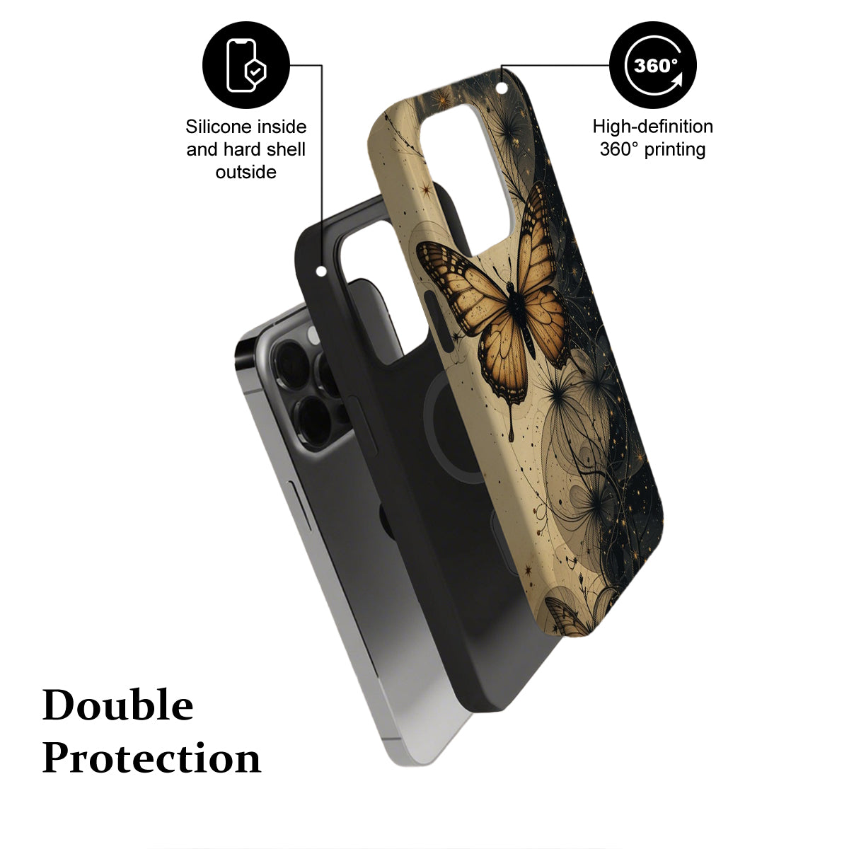 Phone case with butterfly design and text highlighting features on a white background