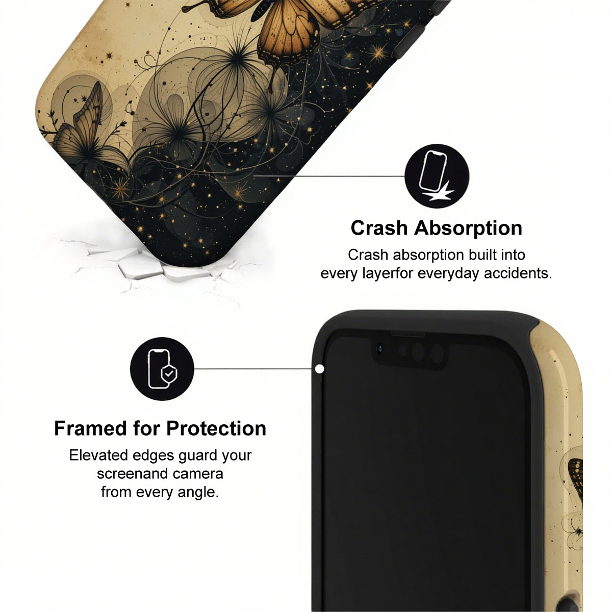 Phone case with butterfly design and text highlighting crash absorption and protection features.