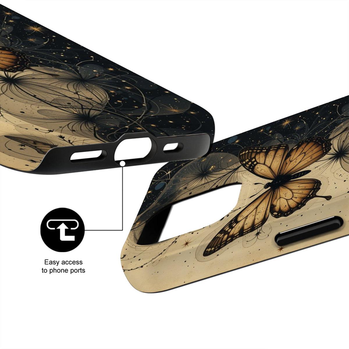 Phone case with butterfly design and text 'Easy access to phone ports'.
