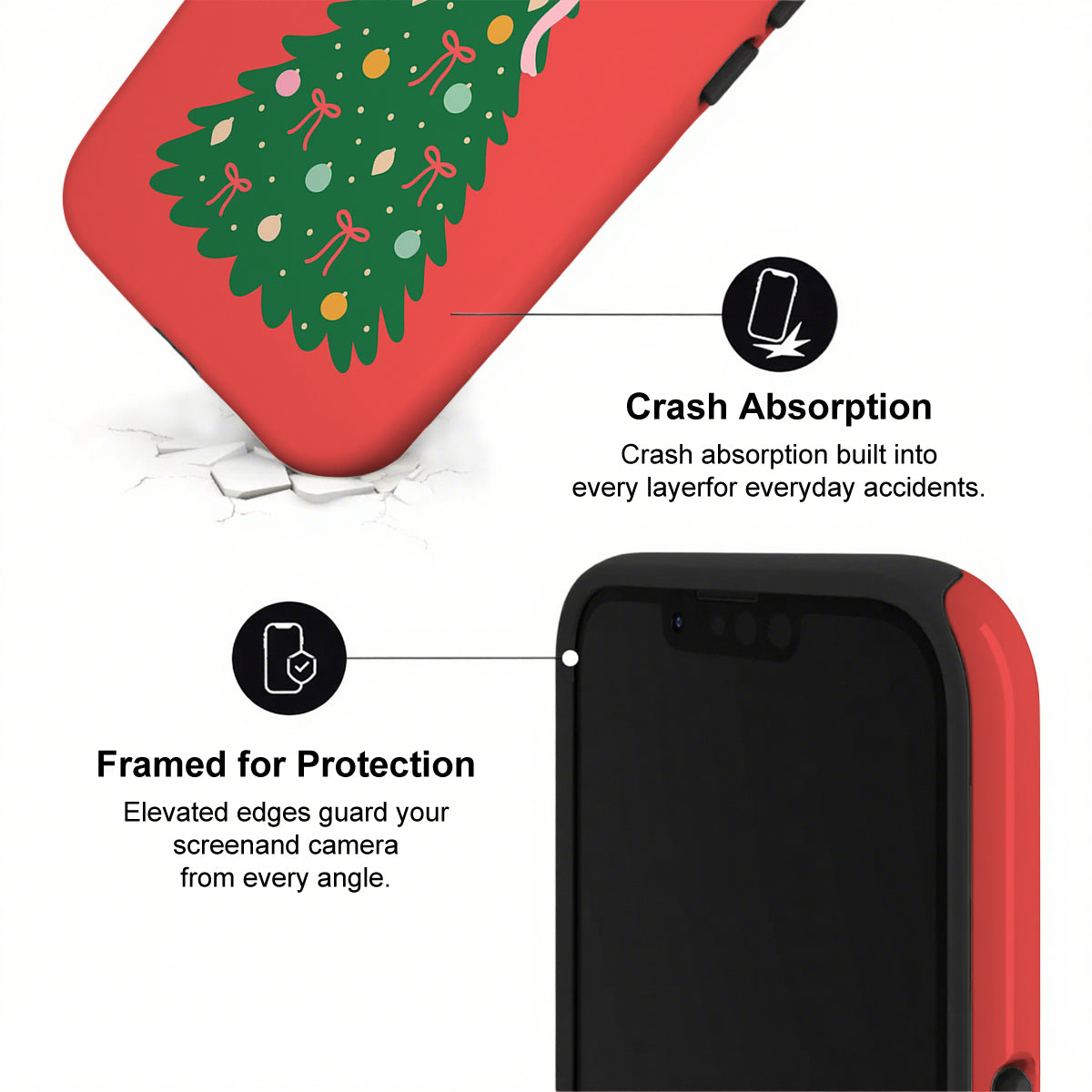 Phone case with Christmas tree design and text about crash absorption and protection.
