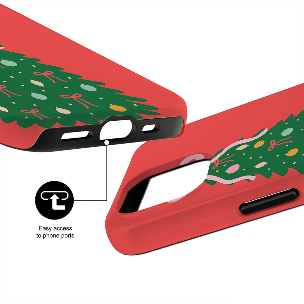 Red phone case with Christmas tree design and easy access to phone ports feature.