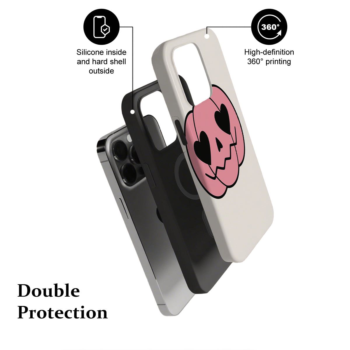 Phone case with pink skull design, labeled 'Silicone inside and hard shell outside' and '360° high-definition printing'.
