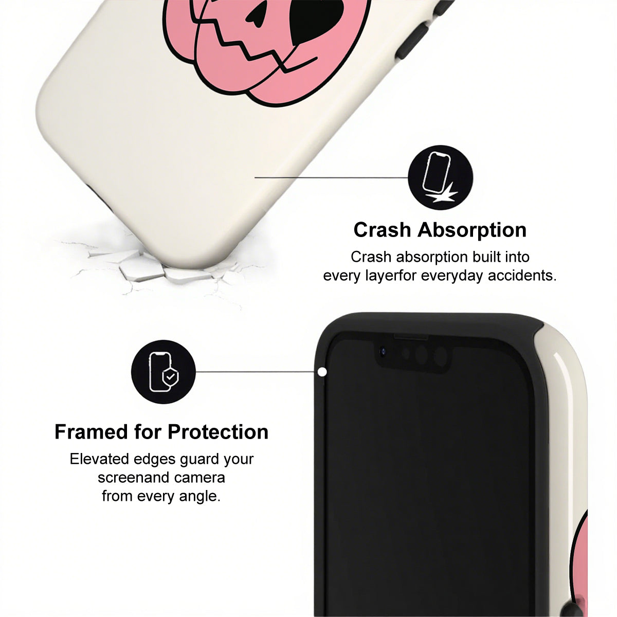 Phone case with crash absorption and protection features on a white background