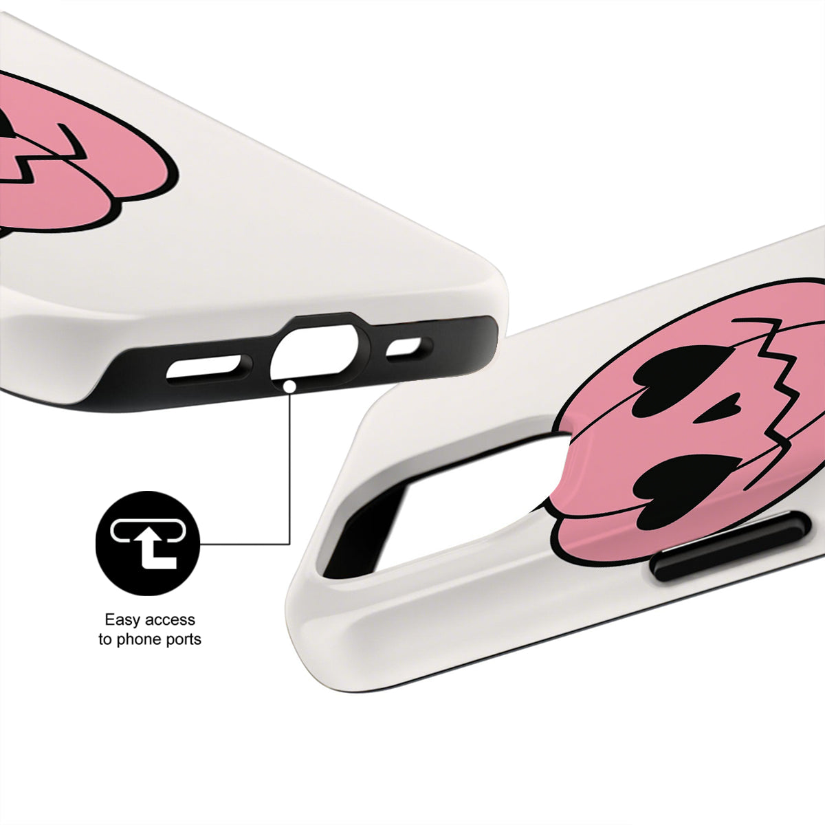 Phone case with pink and black design on a white background