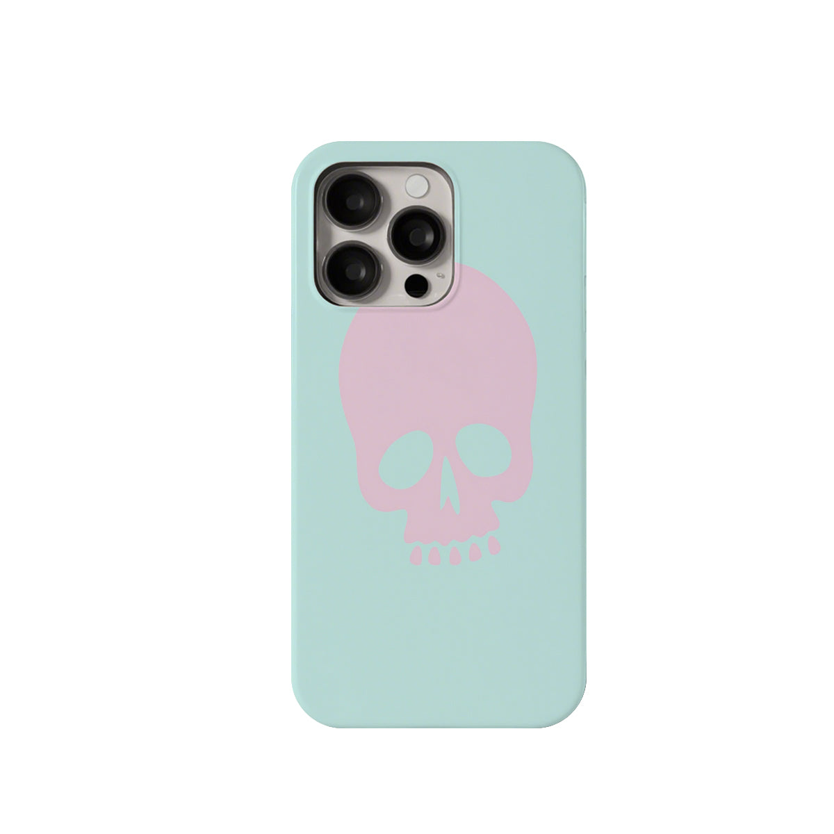 Phone case with pink skull design on a light blue background