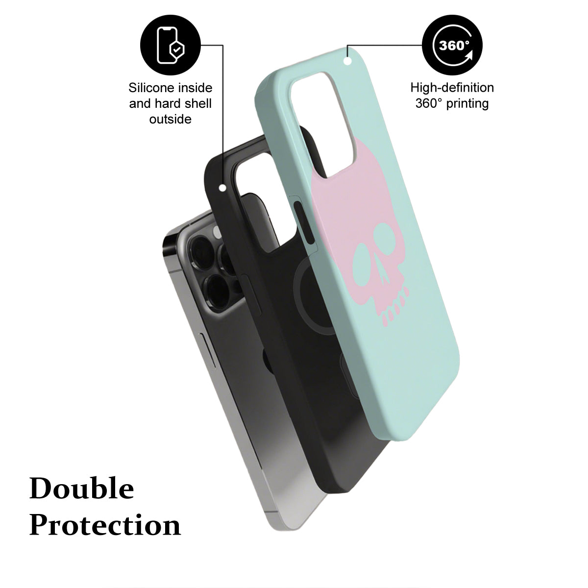 Phone case with silicone inside and hard shell outside, featuring a 360-degree printing design.