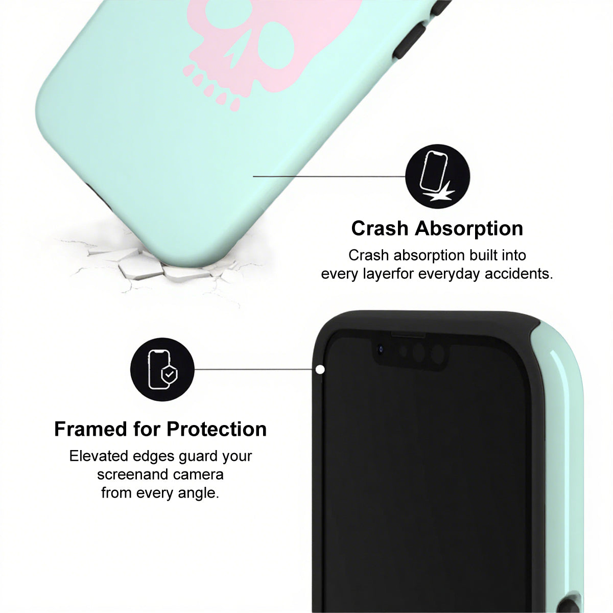 Phone case with crash absorption and protection features on a white background
