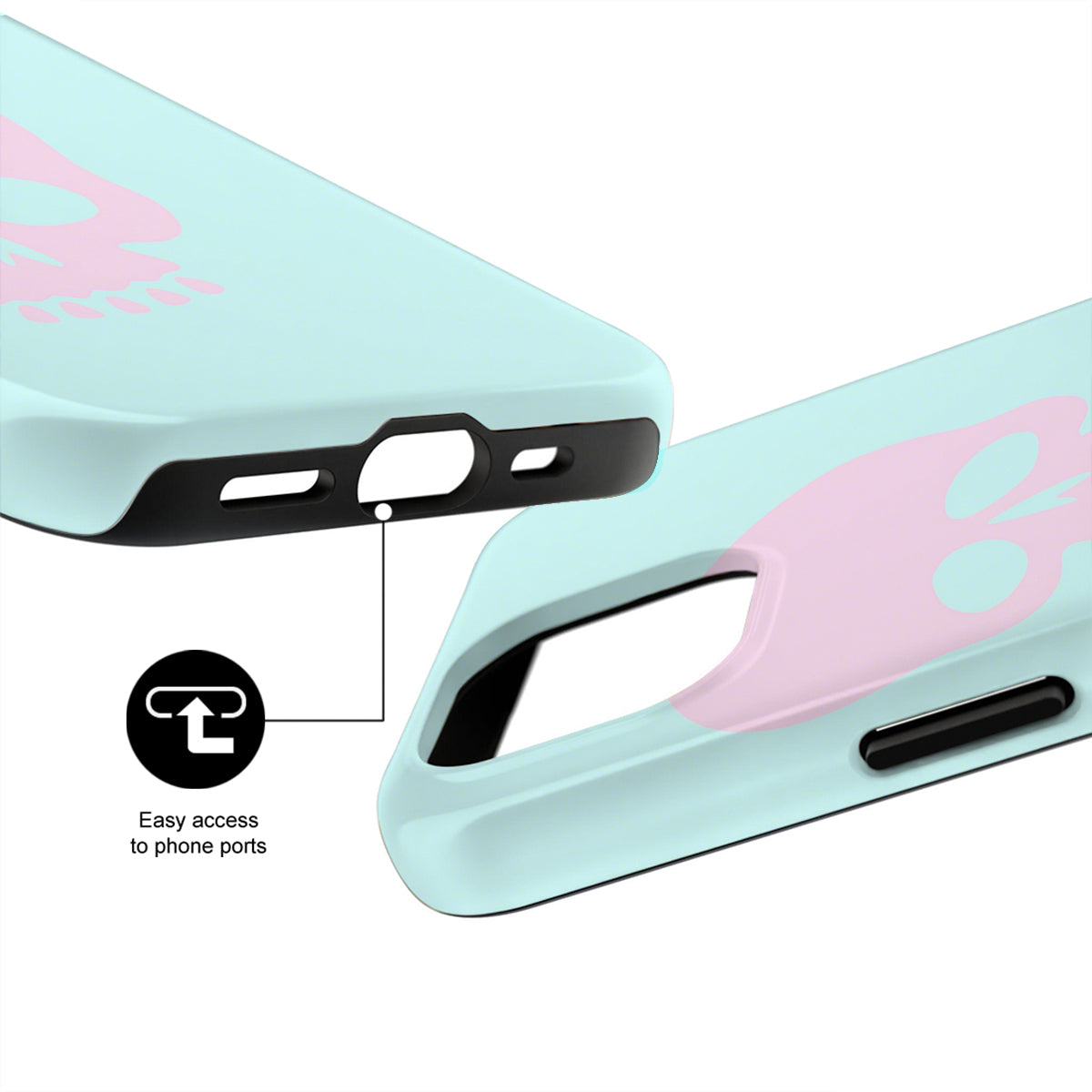 Light blue phone case with pink design and text, showing ease of access to phone ports.